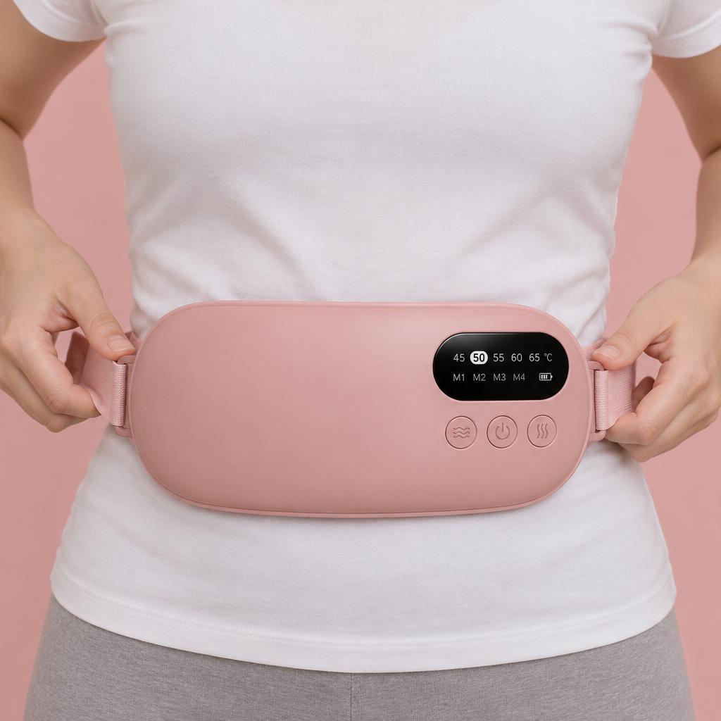 La ceinture rose est ajustée sur le bas-ventre, par-dessus un t-shirt léger