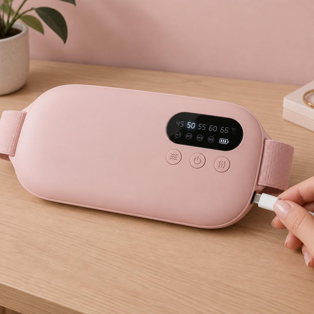 Une main branche le câble USB sur la ceinture chauffante rose