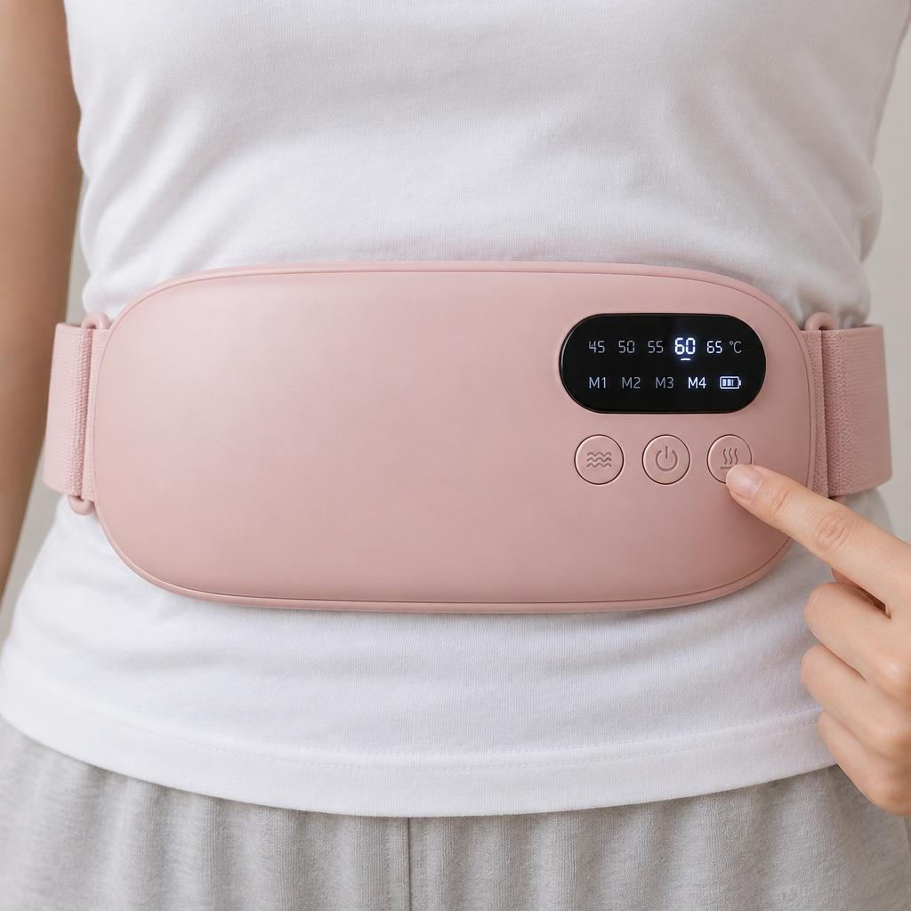 Un doigt appuie sur la commande de massage de la ceinture rose
