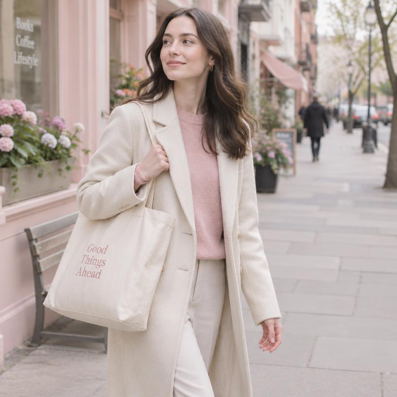 Femme marchant en ville avec un sac en toile